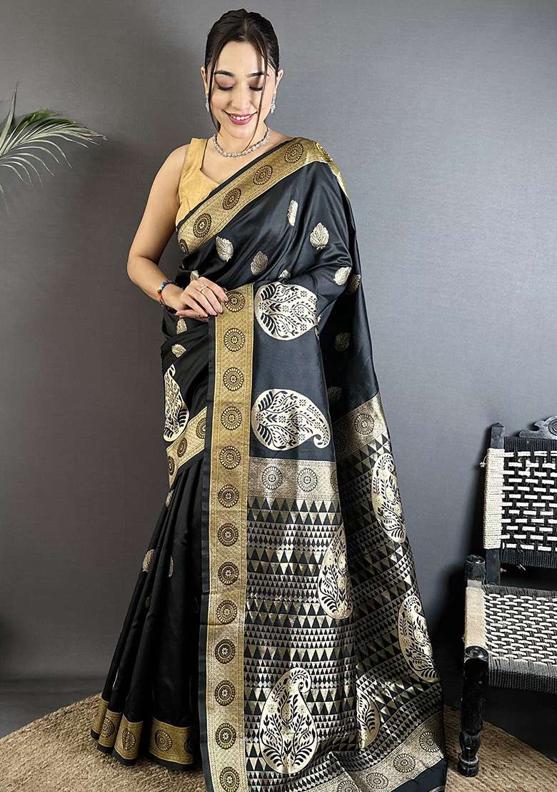 Black Paisley Silk Saree Set - Indya