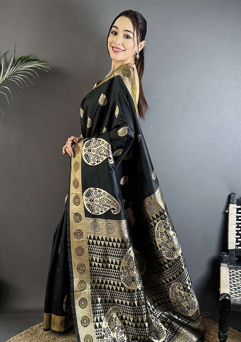 Black Paisley Silk Saree Set - Indya