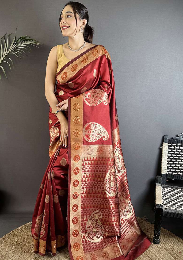 Maroon Paisley Silk Saree Set - Indya