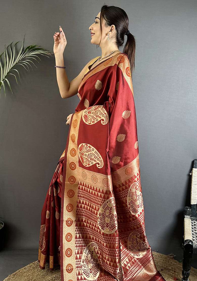 Maroon Paisley Silk Saree Set - Indya
