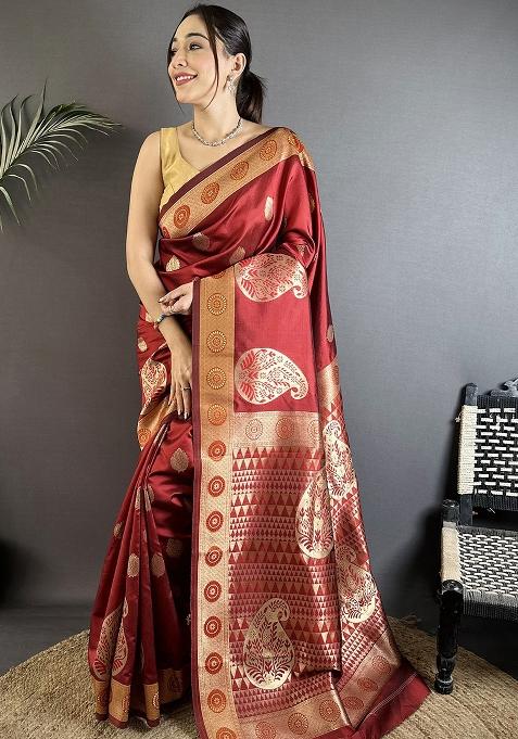 Maroon Paisley Silk Saree Set