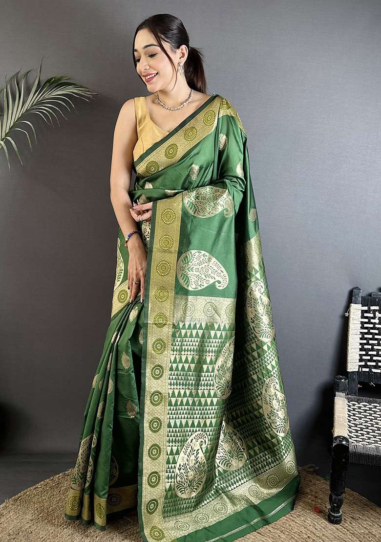 Green Paisley Silk Saree Set - Indya