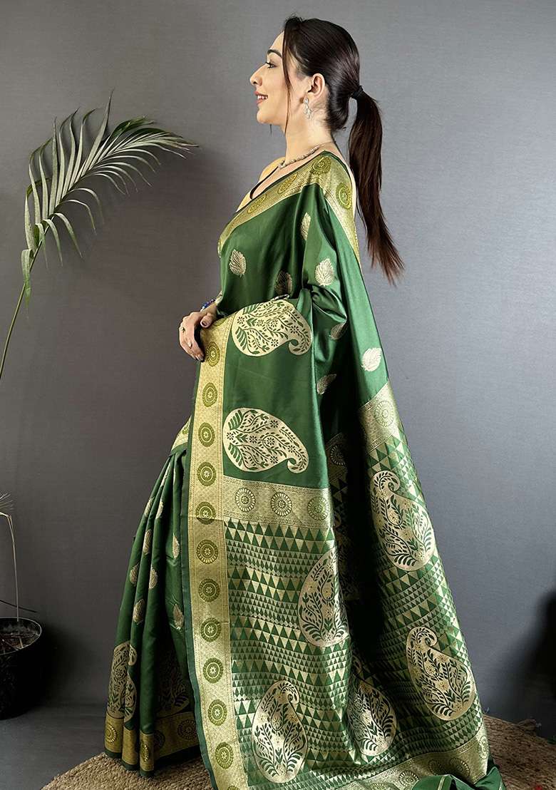 Green Paisley Silk Saree Set - Indya