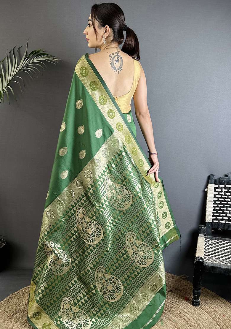 Green Paisley Silk Saree Set - Indya