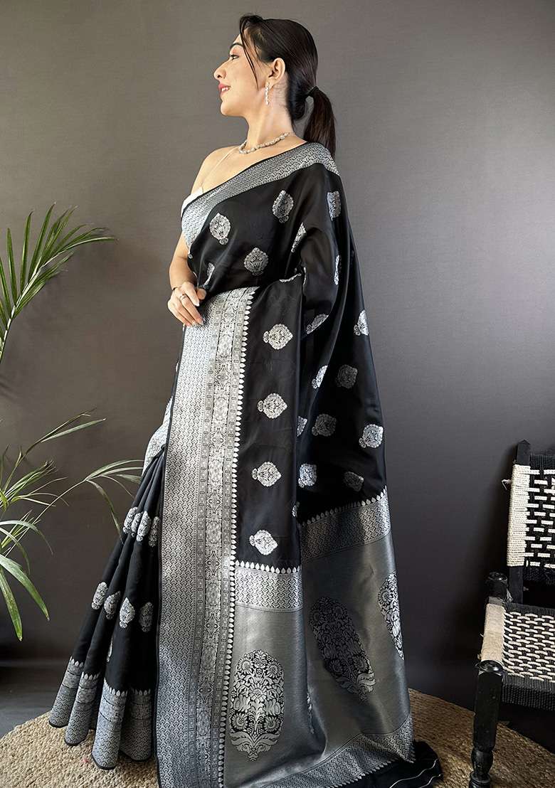 Black Floral Motifs Silk Blend Saree Set for Diwali | Wedding & Festive Wear - Indya