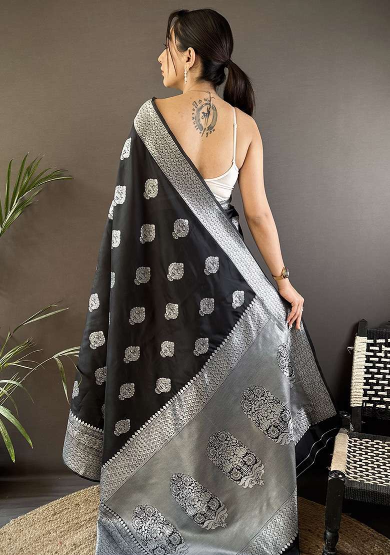 Black Floral Motifs Silk Blend Saree Set for Diwali | Wedding & Festive Wear - Indya