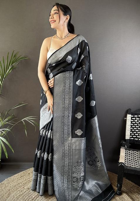Black Floral Motifs Silk Saree Set