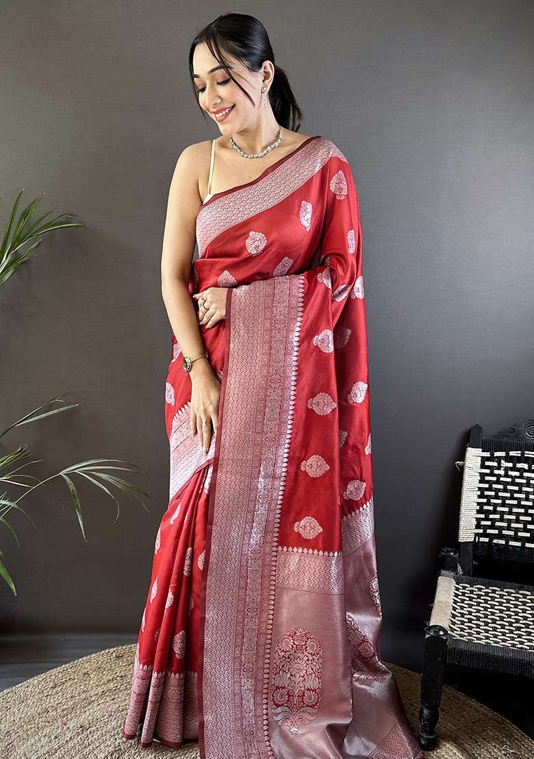 Maroon Floral Motifs Silk Blend Saree Set for Diwali | Wedding & Festive Wear - Indya