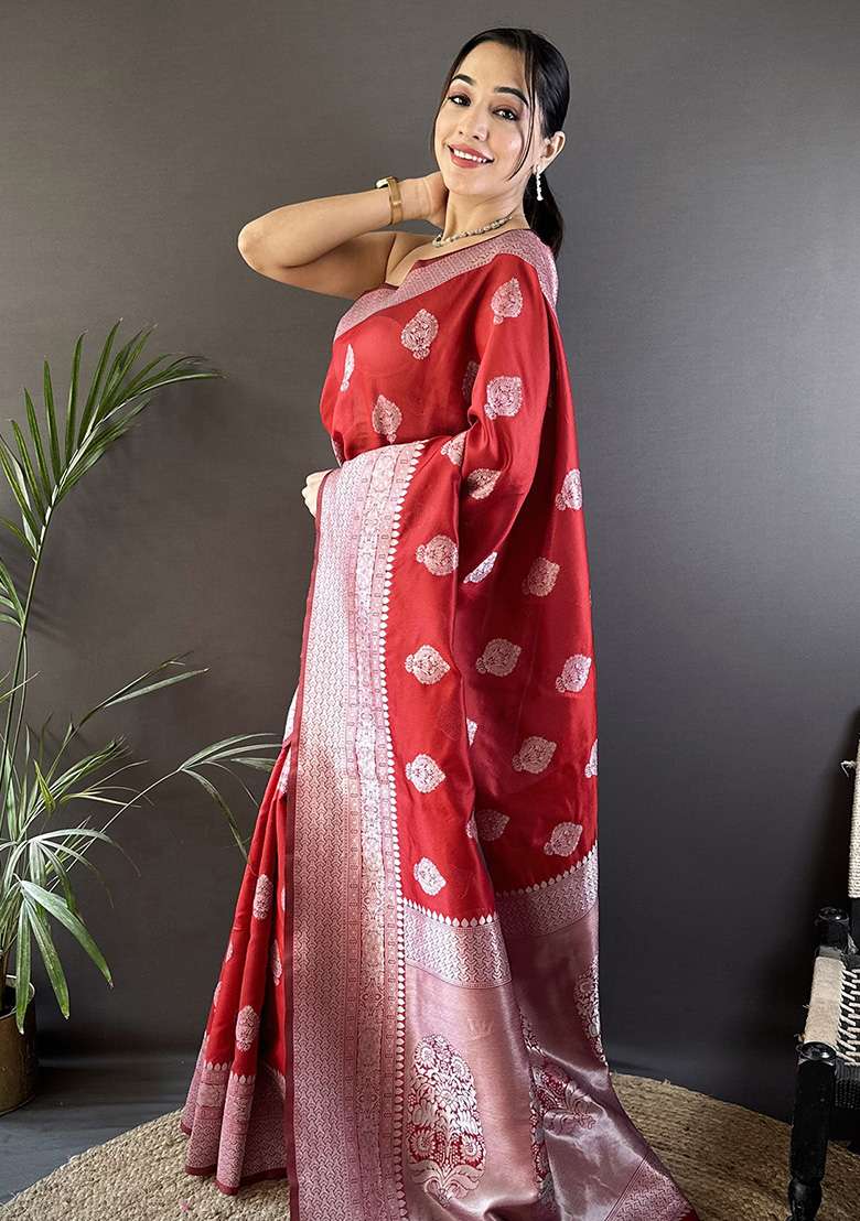 Maroon Floral Motifs Silk Blend Saree Set for Diwali | Wedding & Festive Wear - Indya