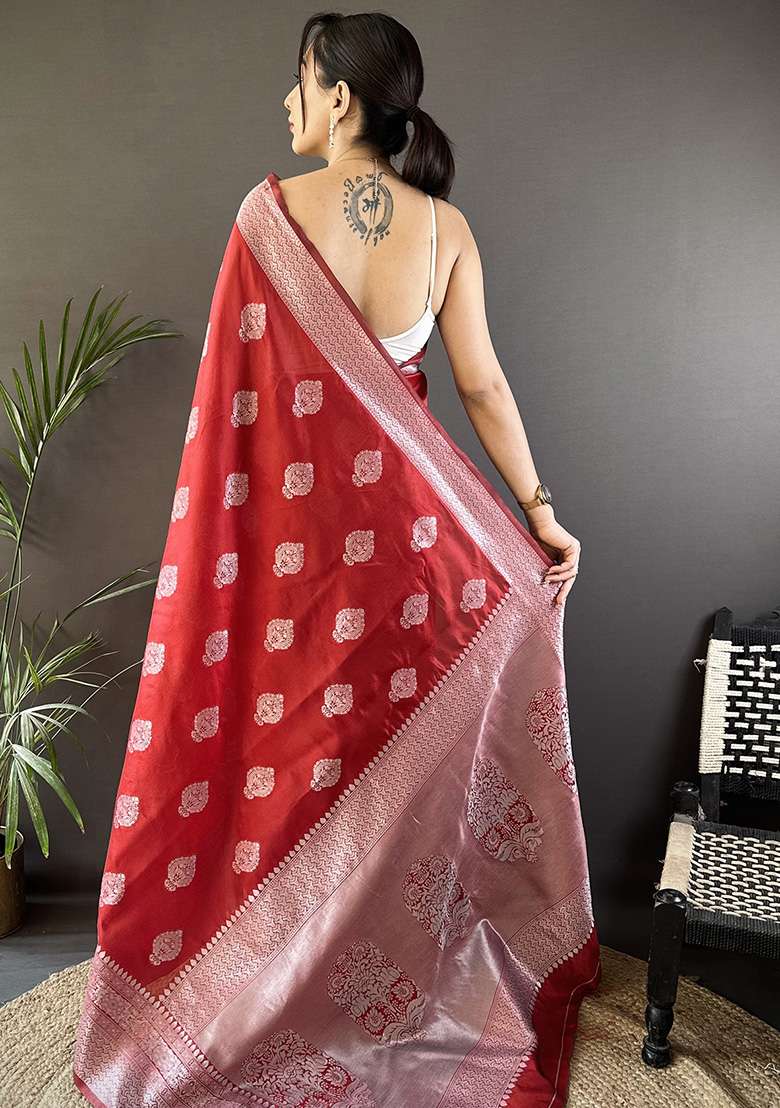 Maroon Floral Motifs Silk Blend Saree Set for Diwali | Wedding & Festive Wear - Indya