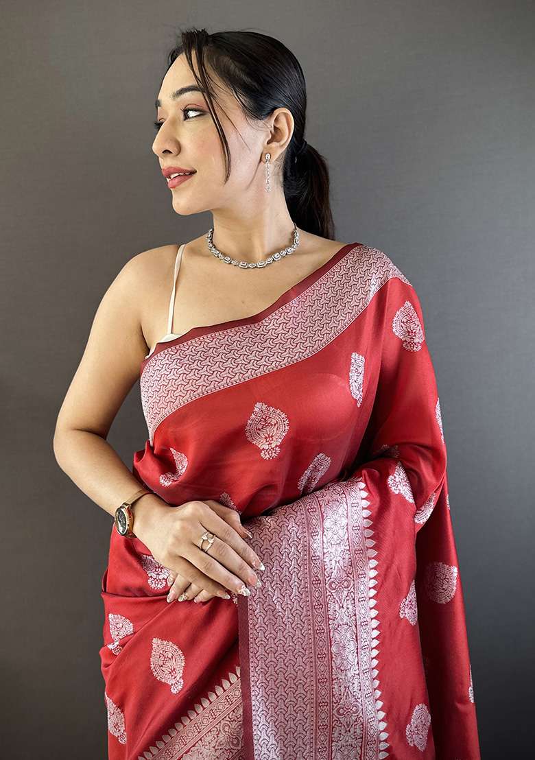 Maroon Floral Motifs Silk Blend Saree Set for Diwali | Wedding & Festive Wear - Indya