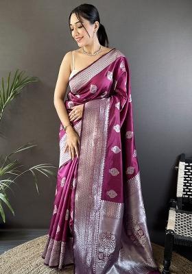 Magenta Floral Motifs Silk Saree Set