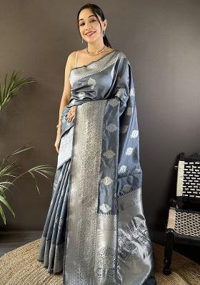 Grey Floral Motifs Silk Saree Set