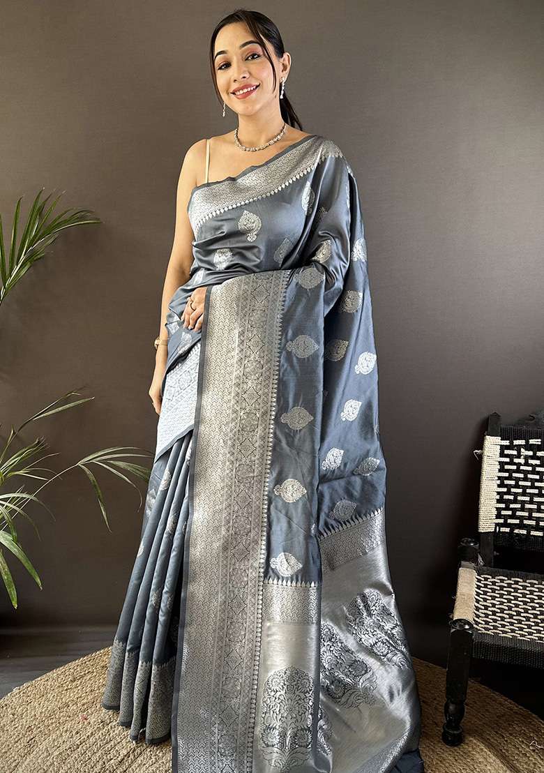 Grey Floral Motifs Silk Blend Saree Set for Diwali | Wedding & Festive Wear - Indya