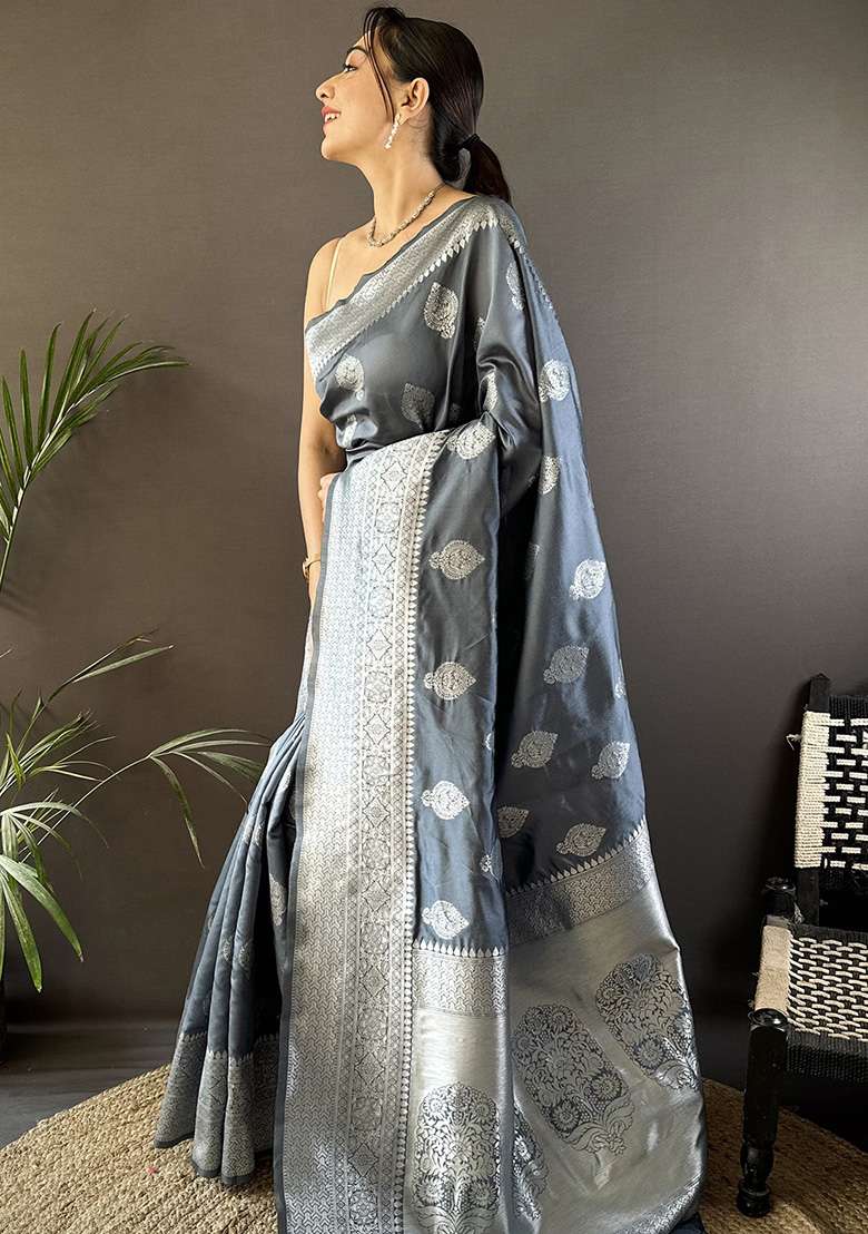Grey Floral Motifs Silk Blend Saree Set for Diwali | Wedding & Festive Wear - Indya