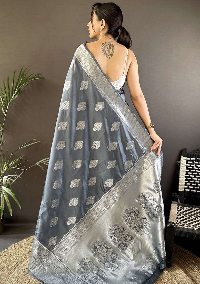 Grey Floral Motifs Silk Blend Saree Set for Diwali | Wedding & Festive Wear - Indya
