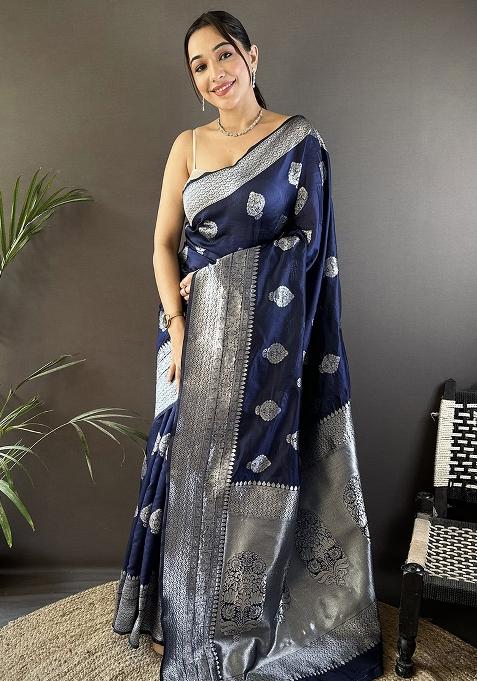 Navy Blue Floral Motifs Silk Saree Set
