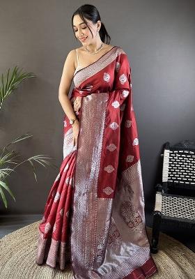 Maroon Floral Motifs Silk Saree Set