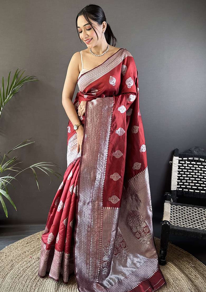 Maroon Floral Motifs Silk Blend Saree Set for Diwali and Festive Wear - Indya