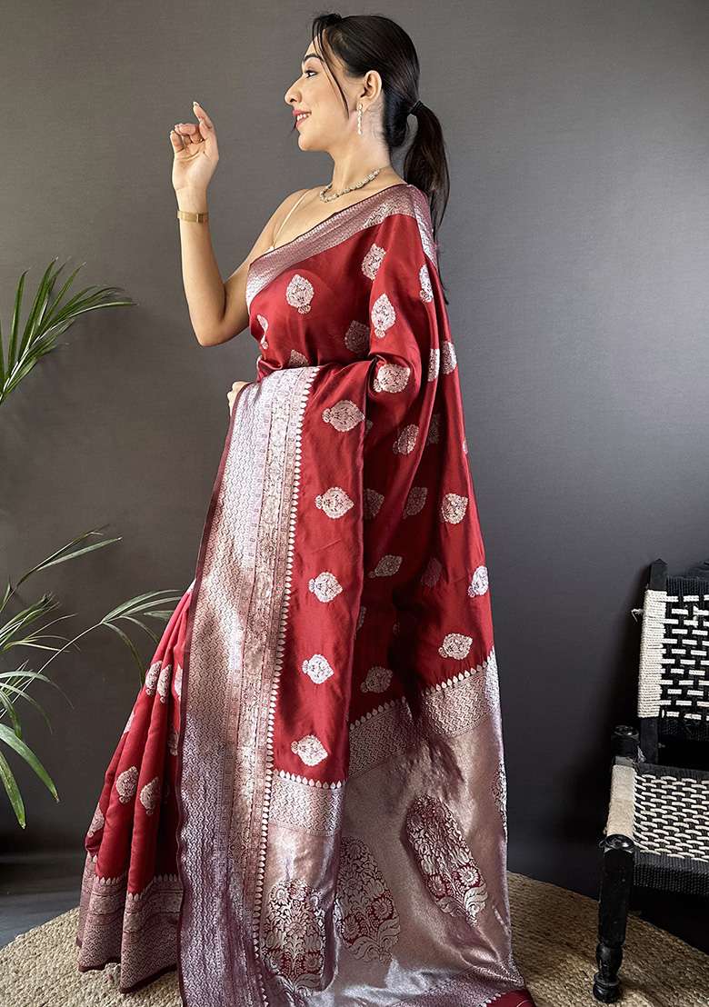 Maroon Floral Motifs Silk Blend Saree Set for Diwali and Festive Wear - Indya