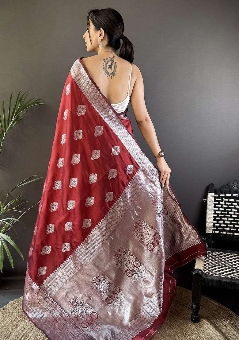 Maroon Floral Motifs Silk Blend Saree Set for Diwali and Festive Wear - Indya