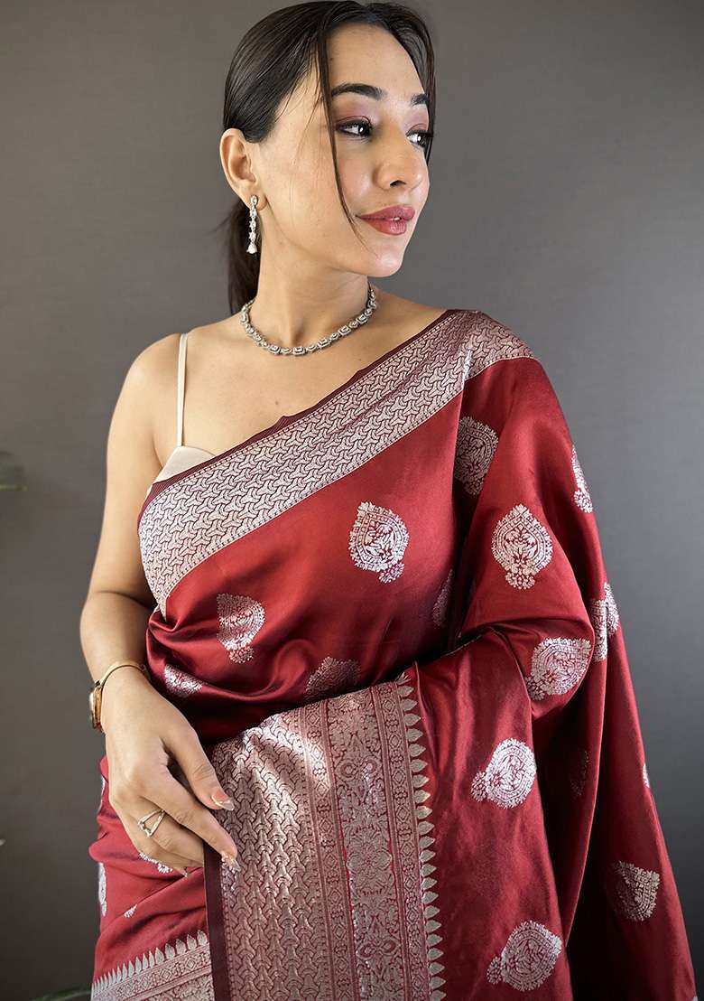 Maroon Floral Motifs Silk Blend Saree Set for Diwali and Festive Wear - Indya