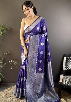 Royal Blue Floral Motifs Silk Saree Set
