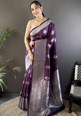 Wine Floral Motifs Silk Saree Set