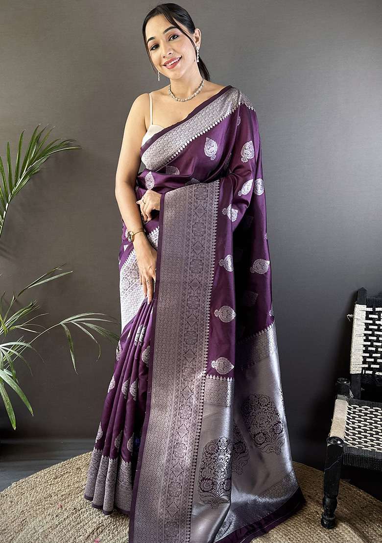 Wine Floral Motifs Silk Blend Saree Set for Diwali | Wedding & Festive Wear - Indya