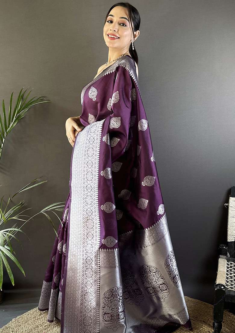 Wine Floral Motifs Silk Blend Saree Set for Diwali | Wedding & Festive Wear - Indya