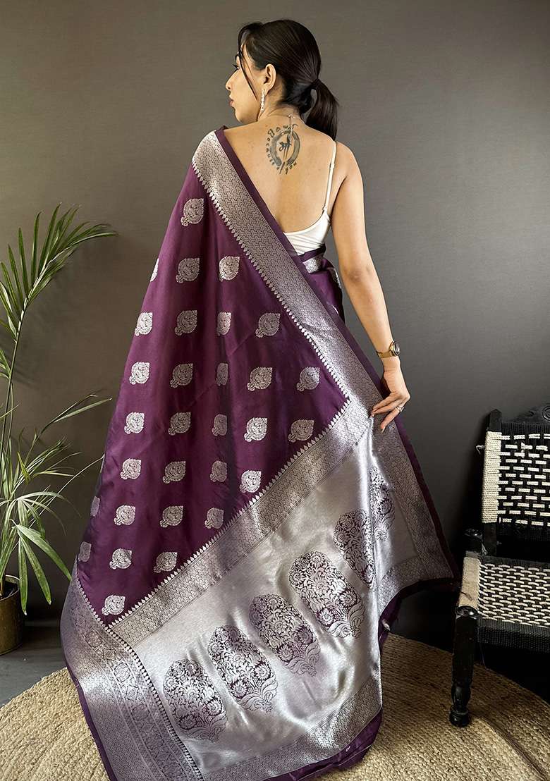 Wine Floral Motifs Silk Blend Saree Set for Diwali | Wedding & Festive Wear - Indya