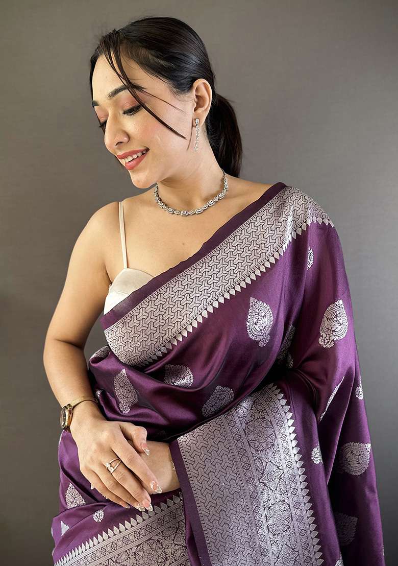 Wine Floral Motifs Silk Blend Saree Set for Diwali | Wedding & Festive Wear - Indya
