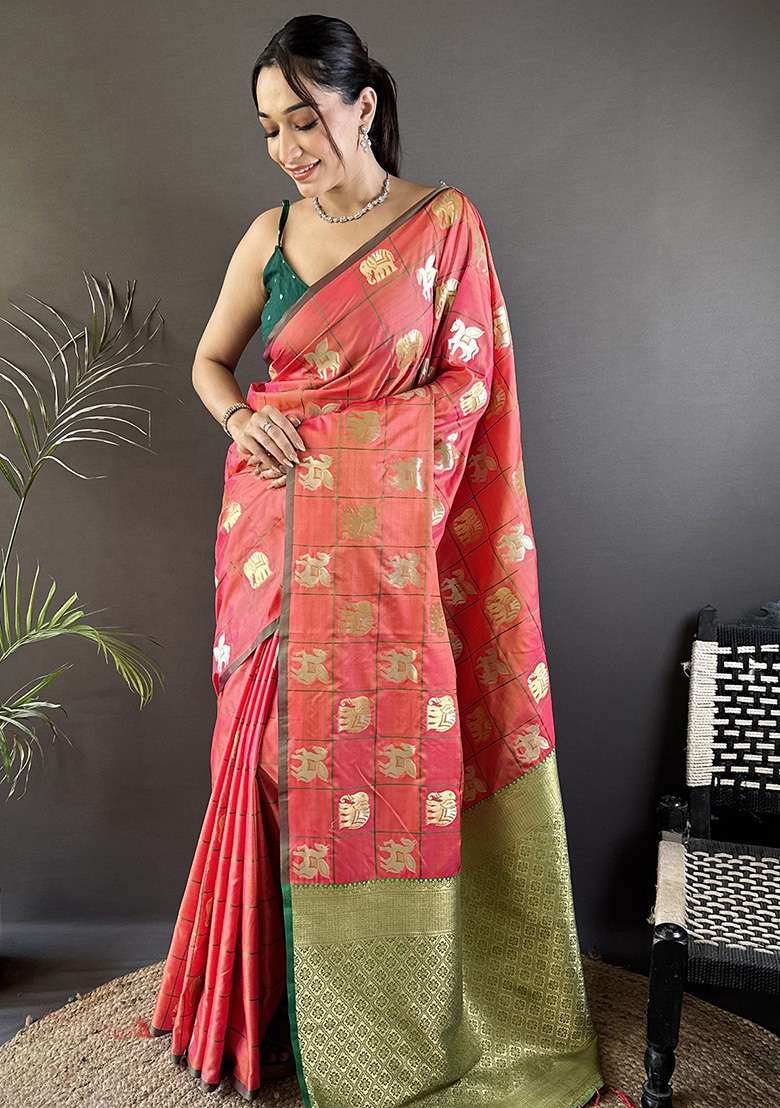 Orange Elephant Motif Silk Blend Saree Set for Diwali and Festive Wear - Indya