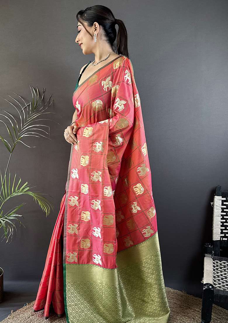 Orange Elephant Motif Silk Blend Saree Set for Diwali and Festive Wear - Indya