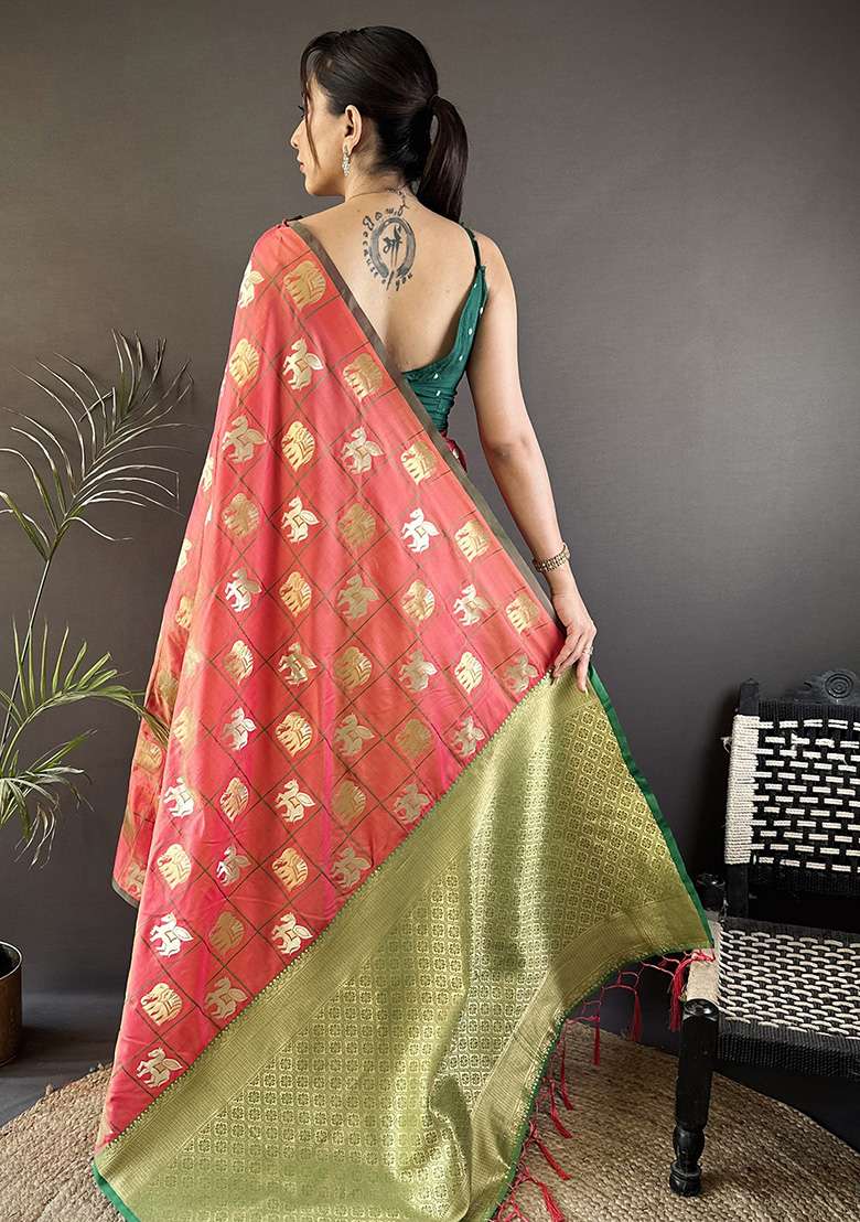 Orange Elephant Motif Silk Blend Saree Set for Diwali and Festive Wear - Indya