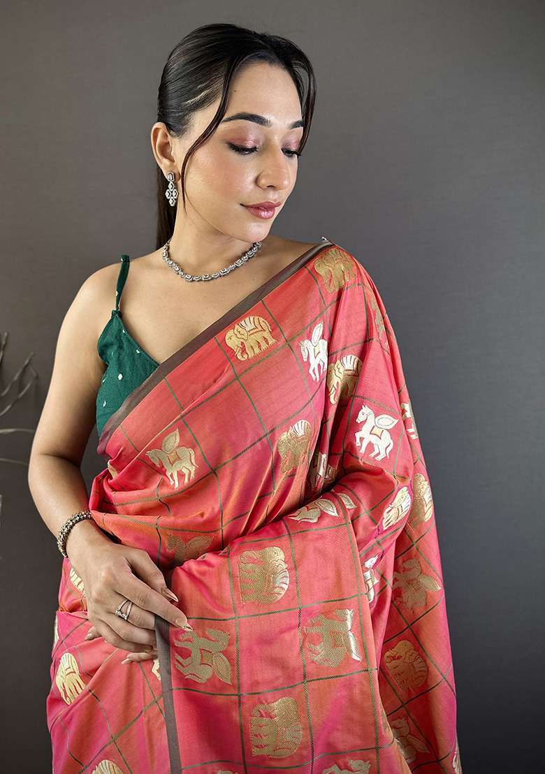 Orange Elephant Motif Silk Blend Saree Set for Diwali and Festive Wear - Indya