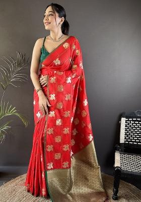 Red Elephant Motif Silk Saree Set