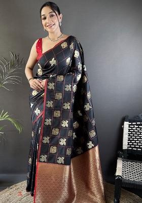 Black Elephant Motif Silk Saree Set