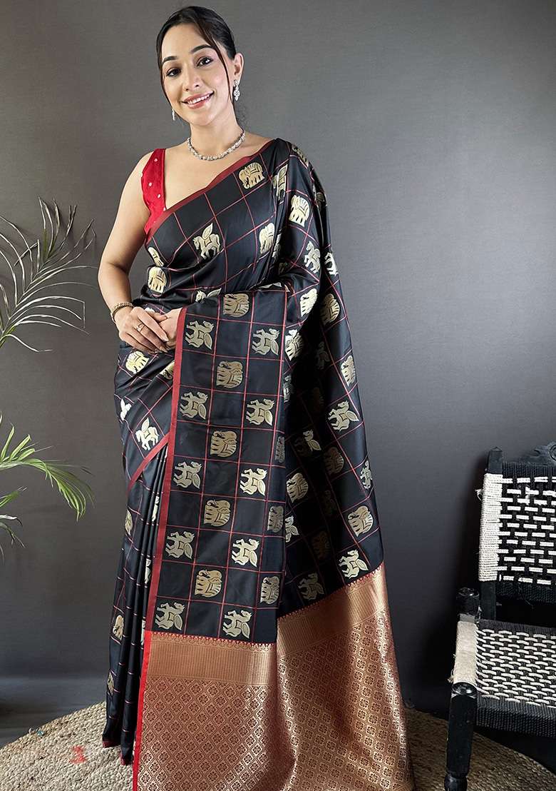 Black Elephant Motif Silk Blend Saree Set for Diwali and Festive Wear - Indya