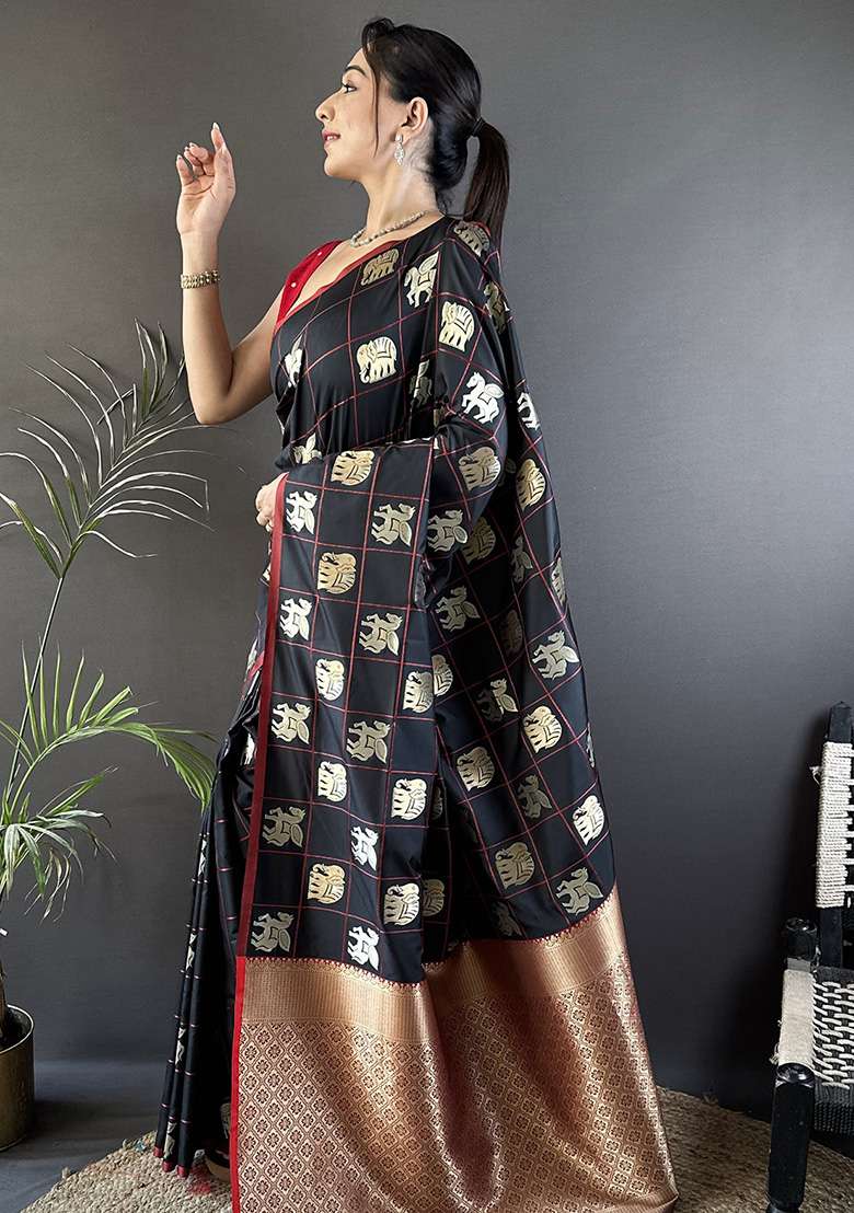 Black Elephant Motif Silk Blend Saree Set for Diwali and Festive Wear - Indya