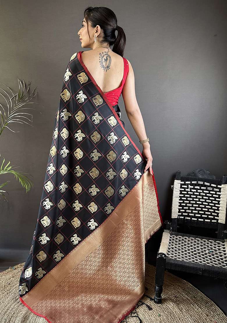 Black Elephant Motif Silk Blend Saree Set for Diwali and Festive Wear - Indya