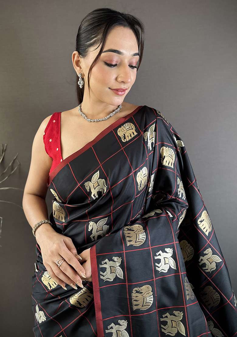Black Elephant Motif Silk Blend Saree Set for Diwali and Festive Wear - Indya