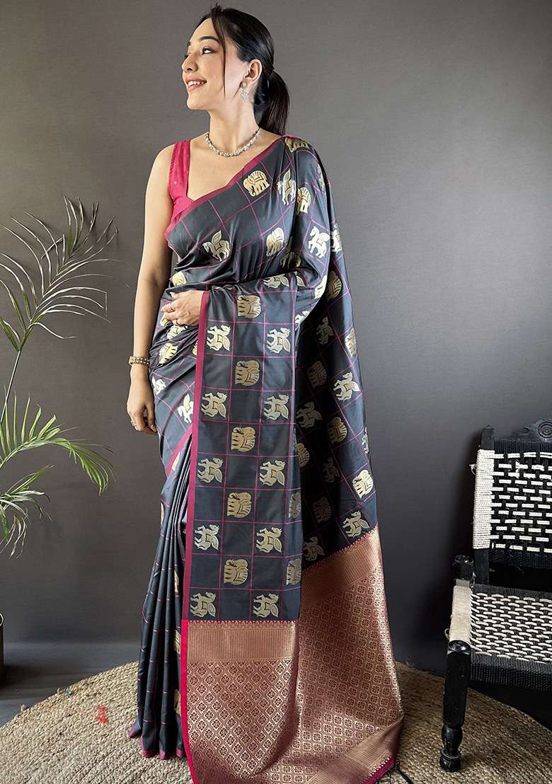 Grey Elephant Motif Silk Blend Saree Set for Diwali and Festive Wear - Indya