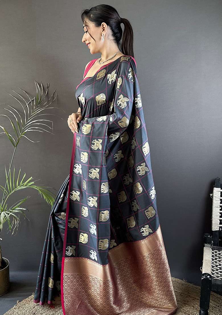 Grey Elephant Motif Silk Blend Saree Set for Diwali and Festive Wear - Indya