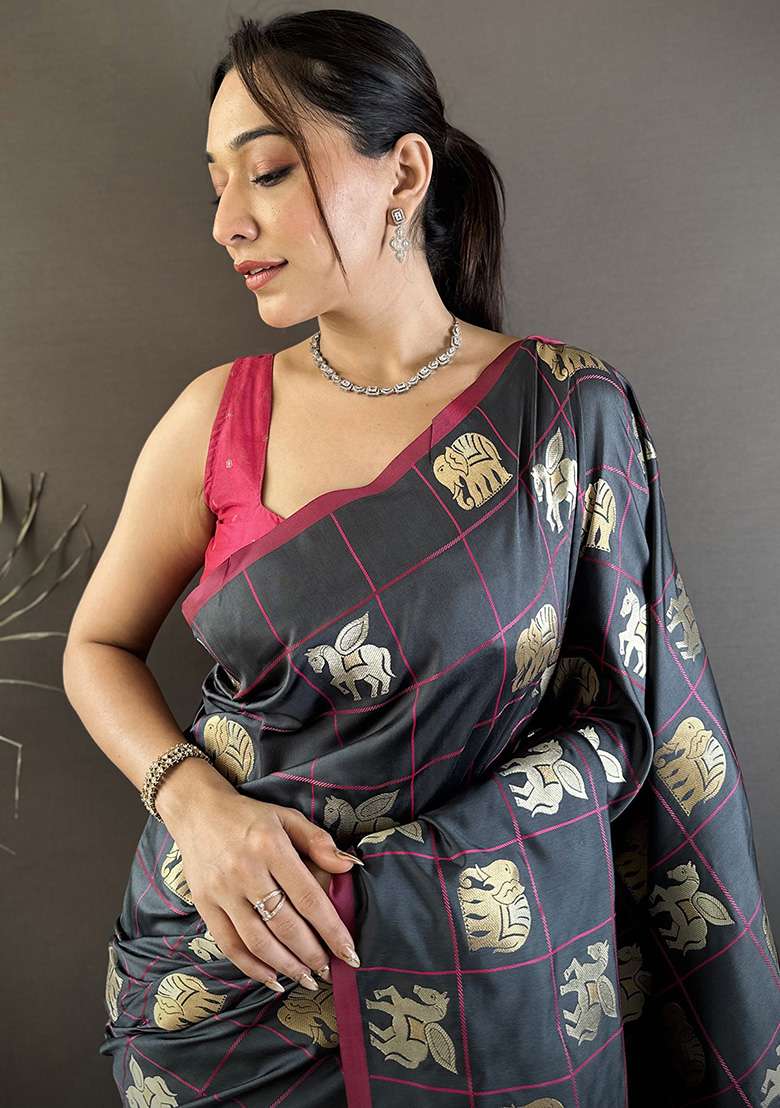 Grey Elephant Motif Silk Blend Saree Set for Diwali and Festive Wear - Indya