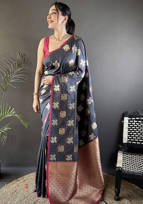 Grey Elephant Motif Silk Saree Set