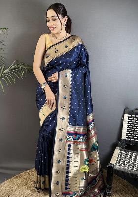 Dark Blue Peacock & Floral Motifs Silk Saree Set