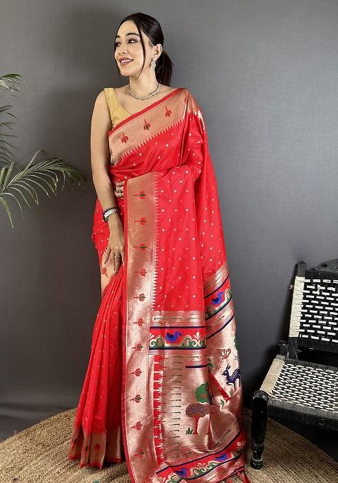 Red Peacock & Floral Motifs Silk Saree Set