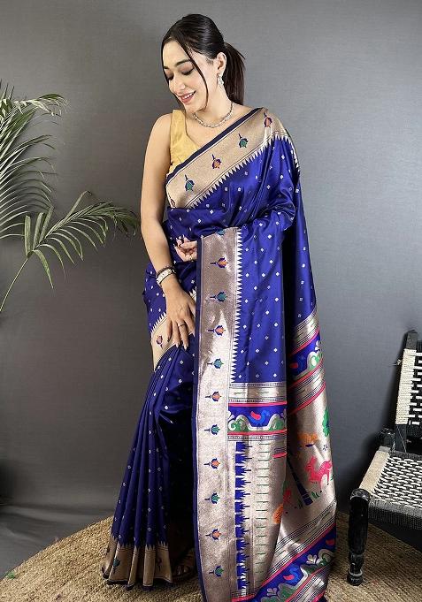 Royal Blue Peacock & Floral Motifs Silk Saree Set