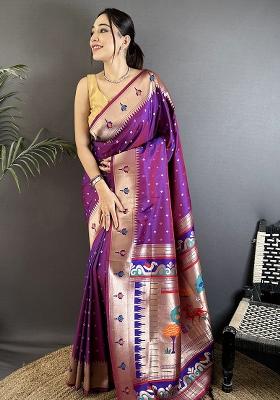 Magenta Peacock & Floral Motifs Silk Saree Set